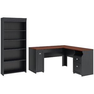 fairview l shaped desk with 5 shelf bookcase in antique black - engineered wood