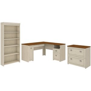 fairview l desk with file cabinet & bookcase in antique white - engineered wood