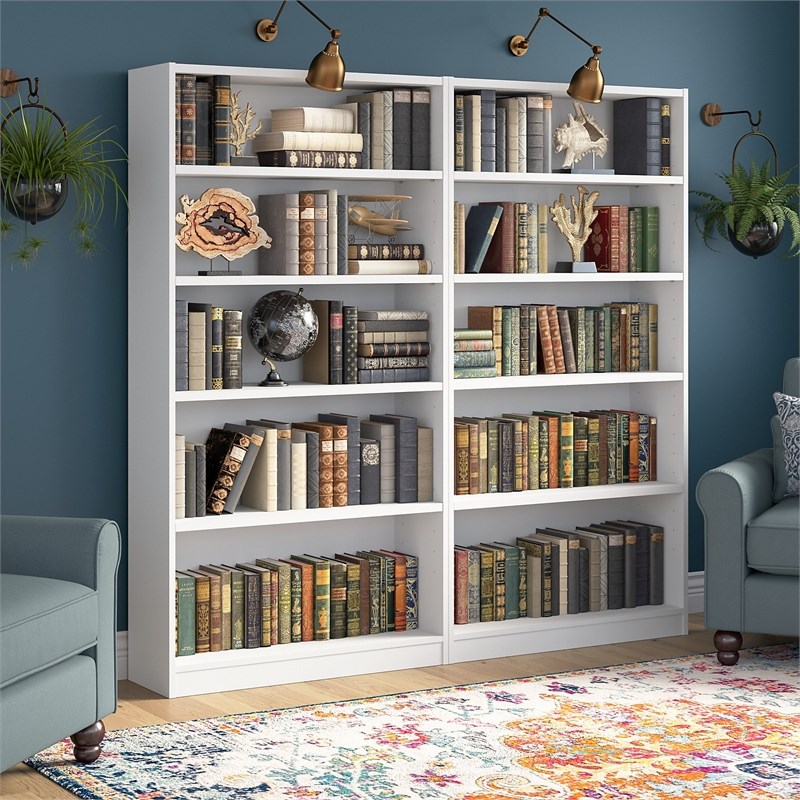 Bush Furniture Universal 5 Shelf Bookcase in Pure White (Set of 2)