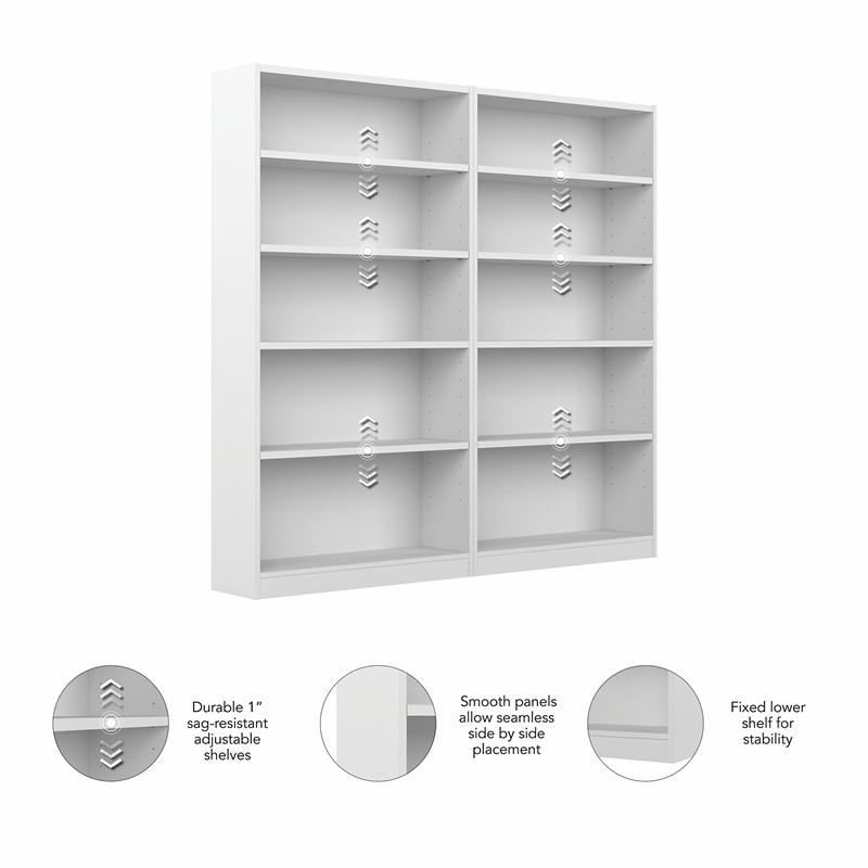 Bush Furniture Universal 5 Shelf Bookcase in Pure White (Set of 2)