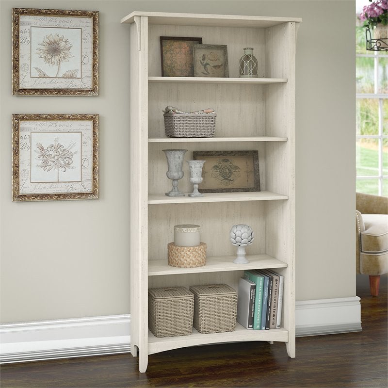 Salinas 5 Shelf Bookcase in Antique White - Engineered Wood