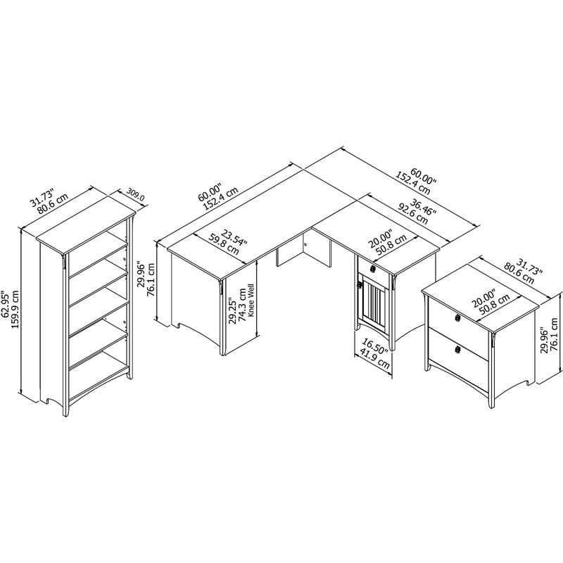Salinas 60W L Desk w/ File Cabinet & Bookcase in Antique White - Engineered Wood