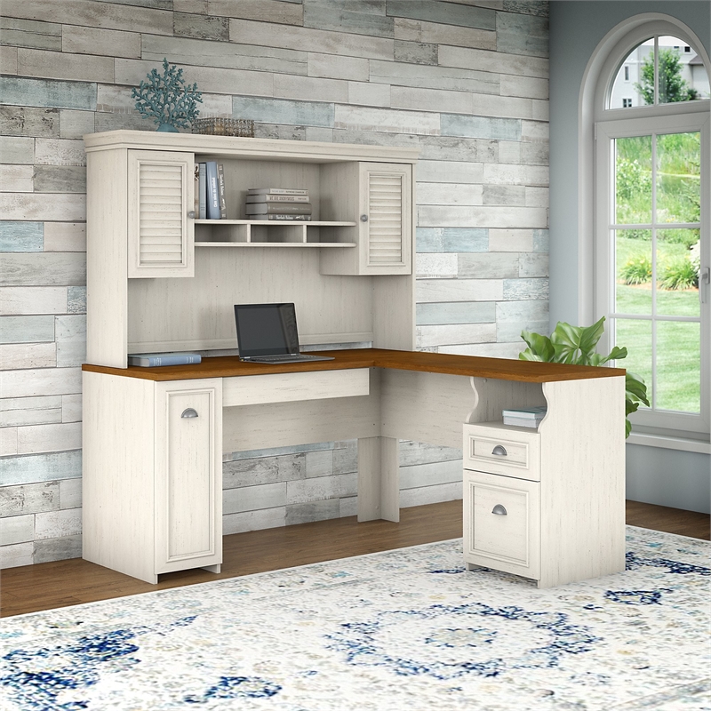Bush Furniture Fairview L Shaped Desk With Hutch In Antique White