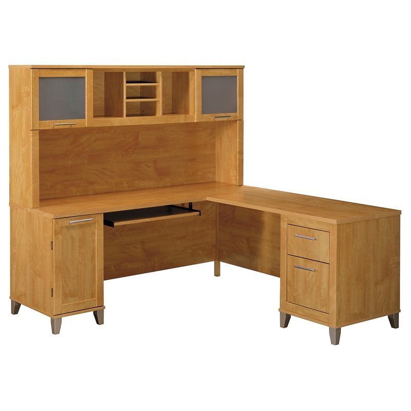 Bush Furniture Somerset 72W L Shaped Desk with Hutch in Maple Cross