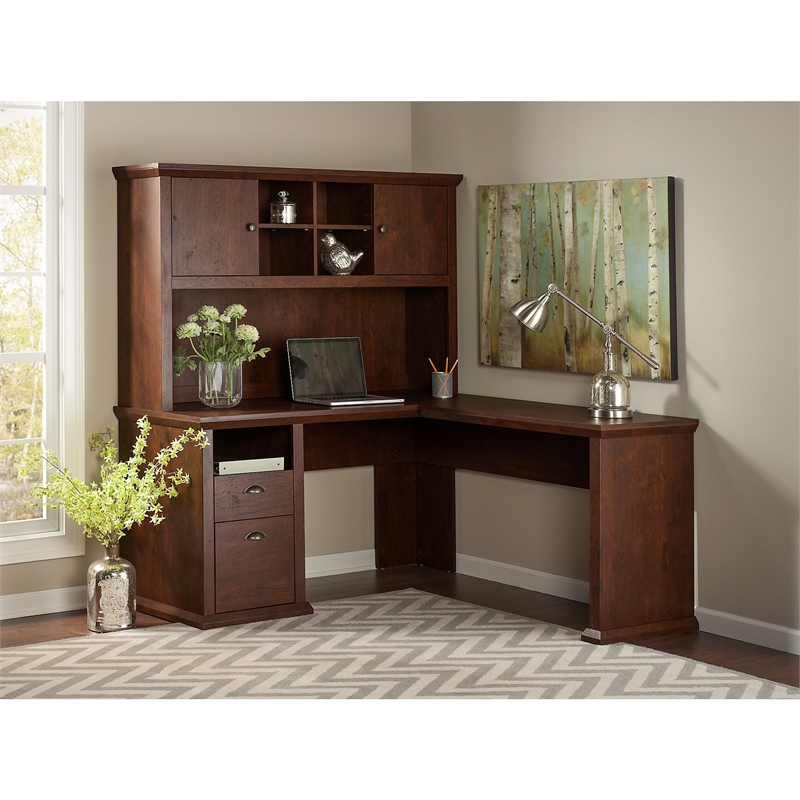Yorktown L Shaped Desk with Hutch in Antique Cherry - Engineered Wood