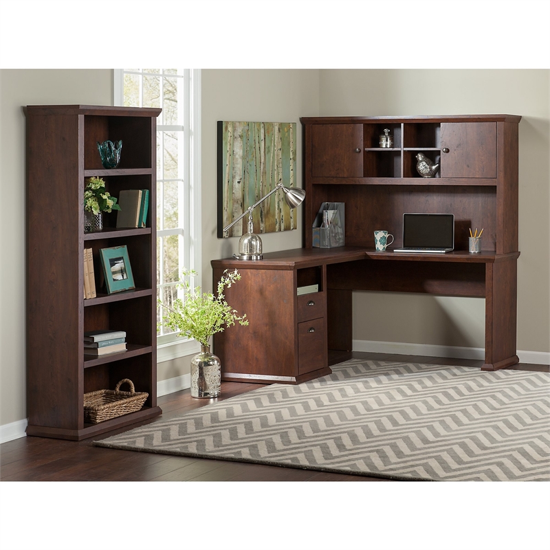 Bush Yorktown L Shaped Desk With Hutch And Bookcase In Antique Bush Yorktown L Shaped Desk With Hutch And Bookcase In Antique Cherry
