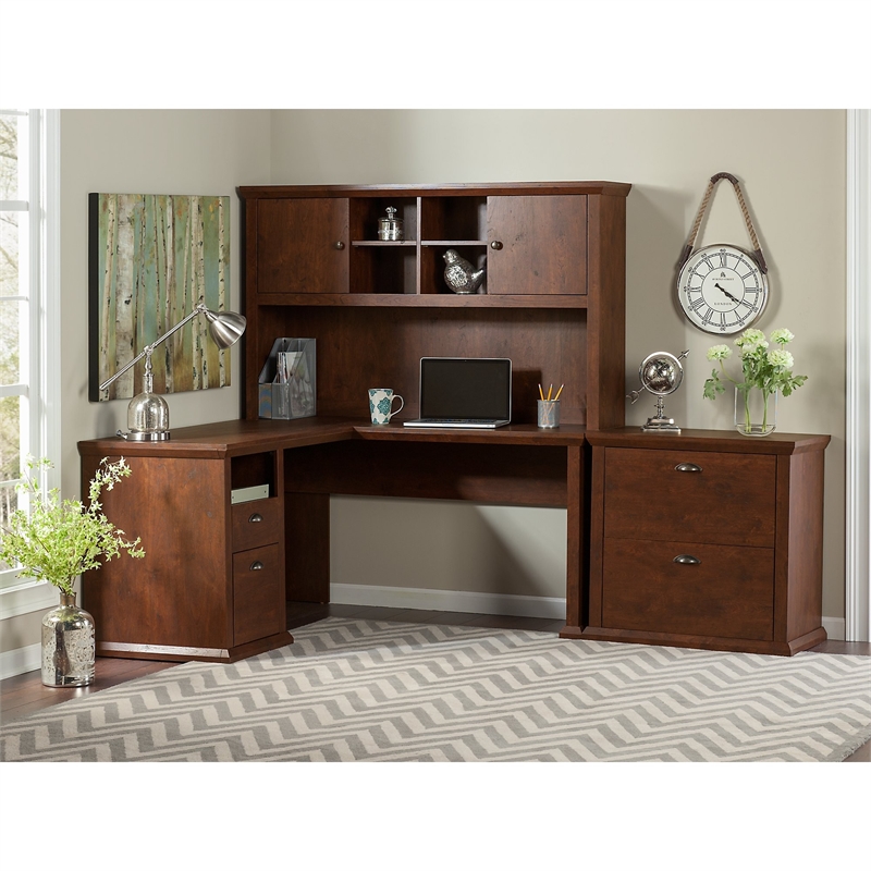Yorktown L Desk with Hutch and File Cabinet in Antique Cherry - Engineered Wood