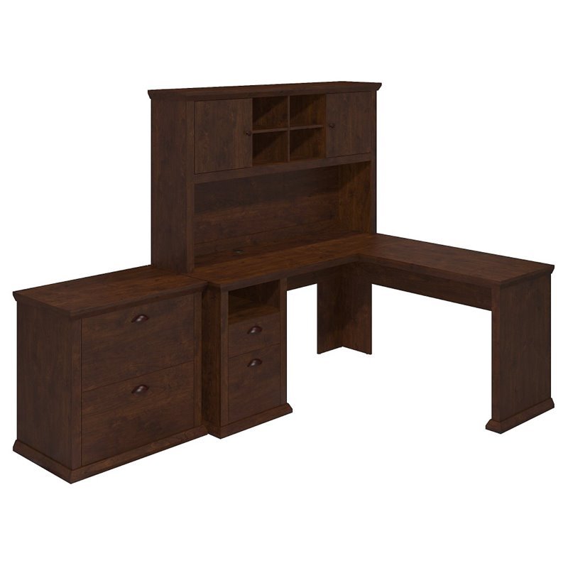 Yorktown L Desk with Hutch and File Cabinet in Antique Cherry - Engineered Wood