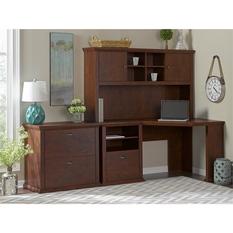 Yorktown Corner Desk Set With File Cabinet In Antique Cherry Engineered Wood Yrk007anc