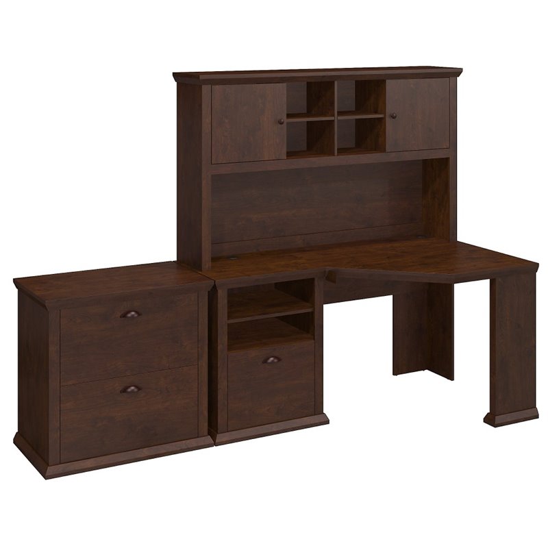 Bush Yorktown Corner Desk With Hutch And File Cabinet In Cherry