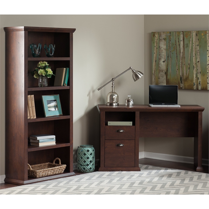 Yorktown Home Office Desk and Bookcase in Antique Cherry - Engineered Wood