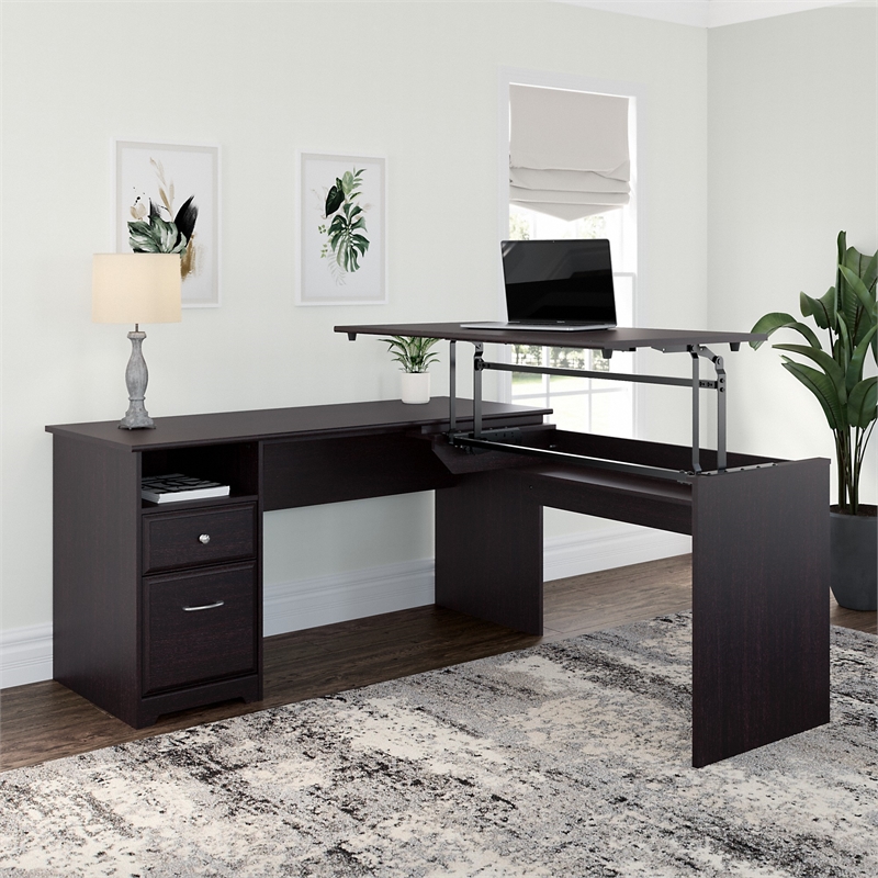 Bush Furniture Cabot 60W 3 Position L Shaped Sit Stand Desk in Espresso Oak