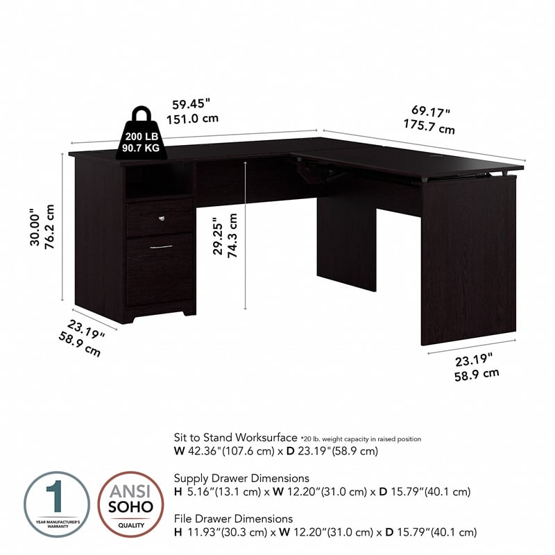 Bush Furniture Cabot 60W 3 Position L Shaped Sit Stand Desk in Espresso Oak