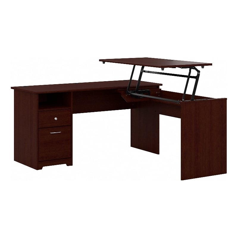 Bush Furniture Cabot 60W 3 Position L Shaped Sit to Stand Desk in Harvest Cherry