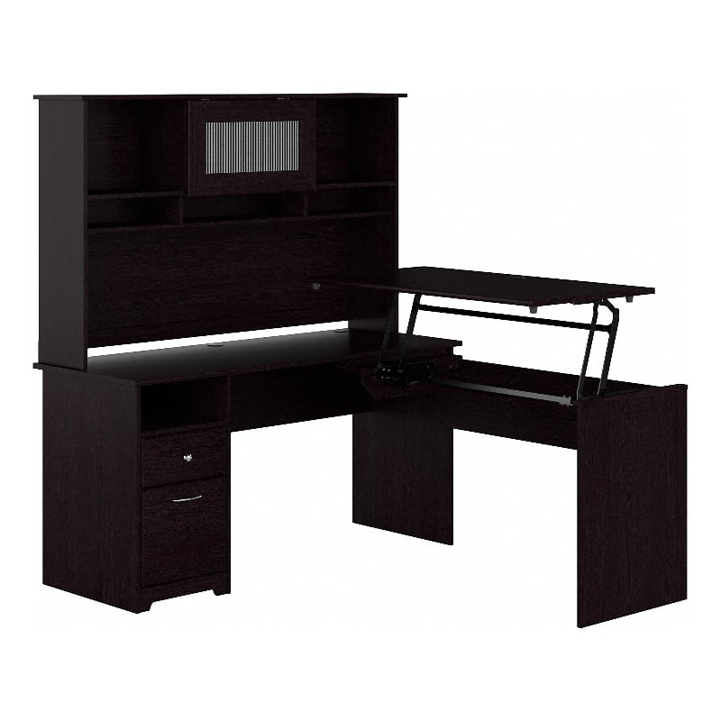 Cabot 60W 3 Position Sit to Stand L Desk & Hutch in Espresso Oak - Eng Wood