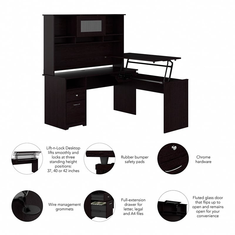 Cabot 60W 3 Position Sit to Stand L Desk & Hutch in Espresso Oak - Eng Wood