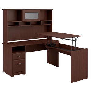 bush furniture cabot 60w 3 position l shaped sit stand desk with hutch in cherry