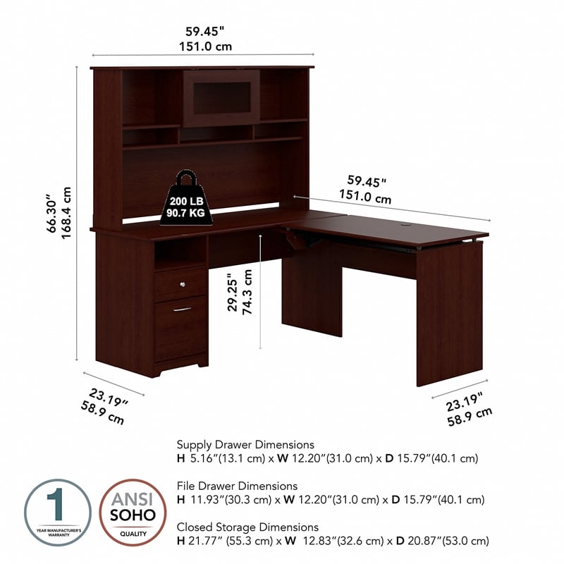 Bush Furniture Cabot 60W 3 Position L Shaped Sit Stand Desk with Hutch in Cherry