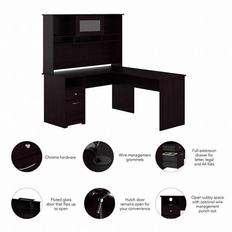 Cabot 60W L Shaped Computer Desk with Hutch in Espresso Oak - Engineered Wood