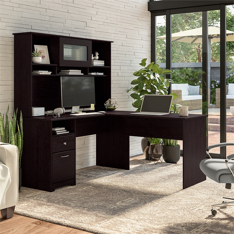 Cabot 60W L Shaped Computer Desk with Hutch in Espresso Oak - Engineered Wood