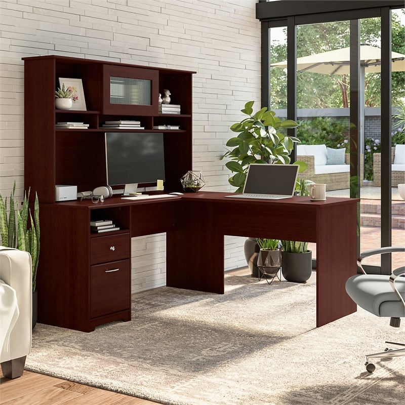 Bush Furniture Cabot 60W L Shaped Computer Desk with Hutch & Drawers