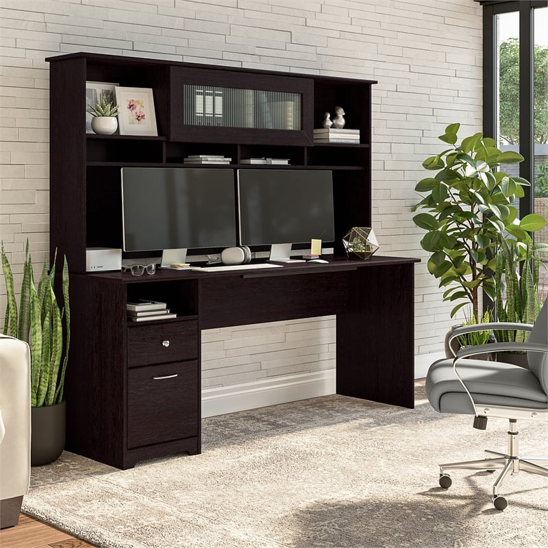 Cabot 72W Computer Desk with Hutch and Drawers in Espresso Oak - Engineered Wood