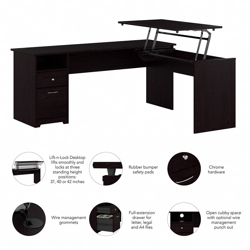 Cabot 72W 3 Position Sit to Stand L Desk in Espresso Oak - Engineered Wood