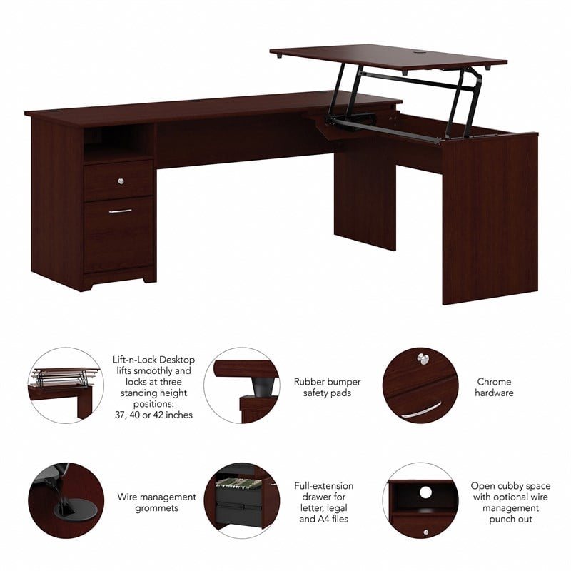 Cabot 72W 3 Position L Shaped Sit Stand Desk in Harvest Cherry - Engineered Wood