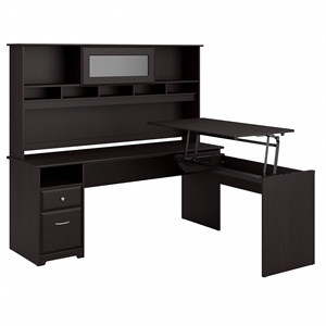 bush cabot 3 position l shaped sit to stand desk with hutch in espresso