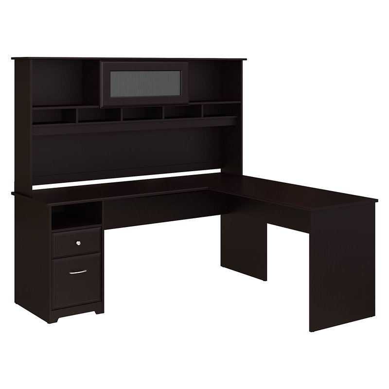 Details About Bush Cabot 72w L Shaped Computer Desk With Hutch And Drawers In Espresso Oak