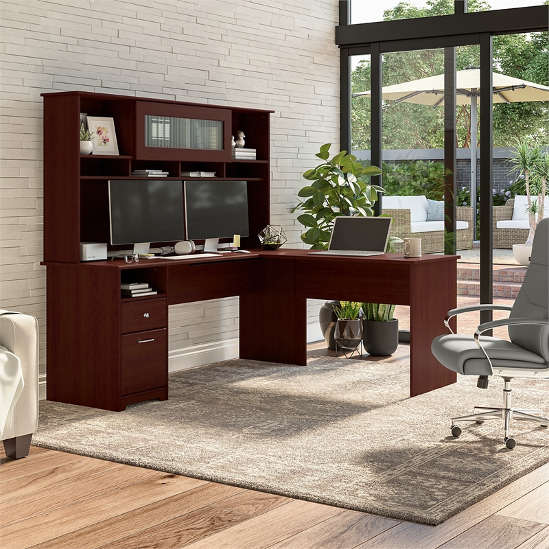 Bush Furniture Cabot 72W L Shaped Computer Desk with Hutch and Drawers in Cherry