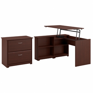 Bush Furniture Cabot 52W Sit To Stand Bookcase Corner Desk With Lateral File Cabinet
