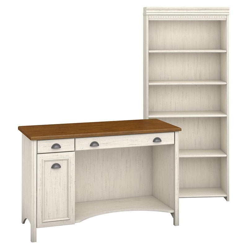 Bush Stanford Computer Desk And 5 Shelf Bookcase In Antique White