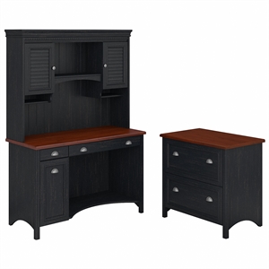 fairview computer desk with hutch and file cabinet in black - engineered wood