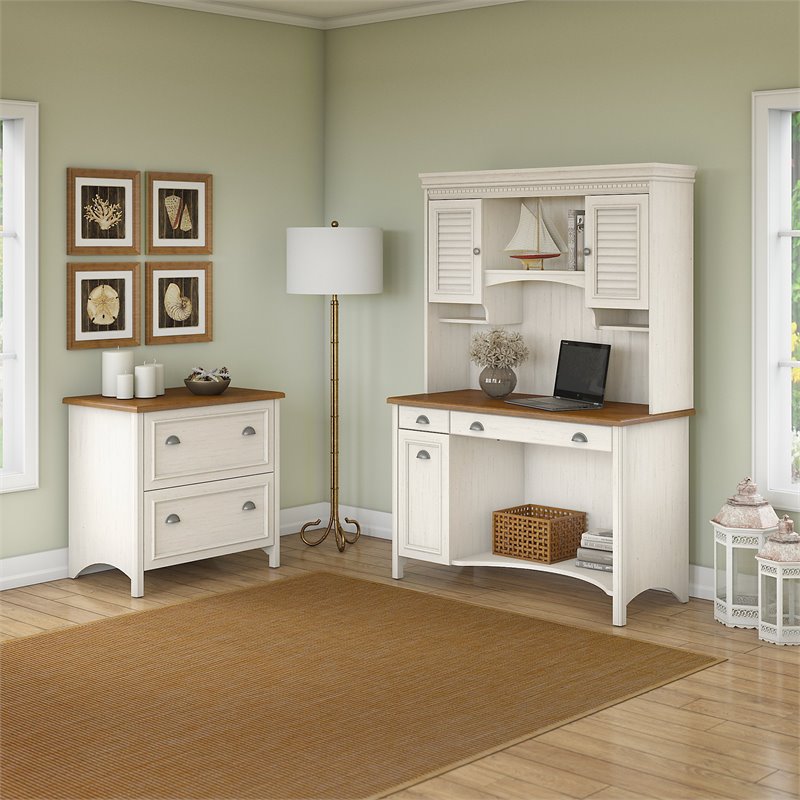 Fairview Computer Desk with Hutch and File Cabinet in White - Engineered Wood