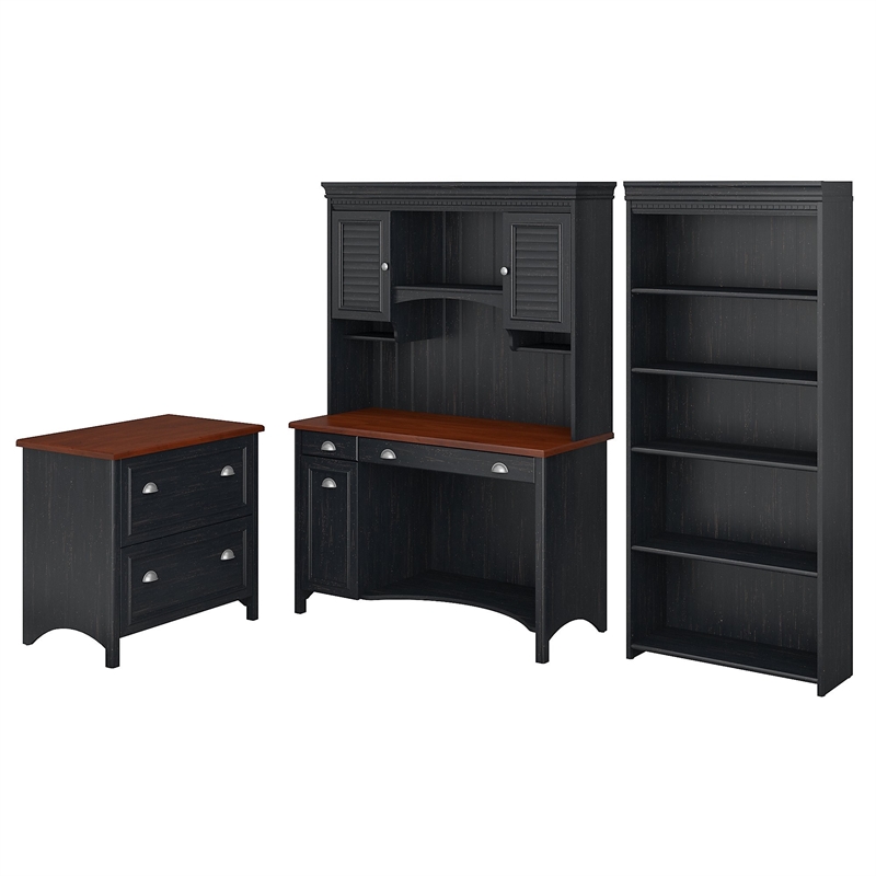 Fairview Desk with Hutch and Storage in Black - Engineered Wood