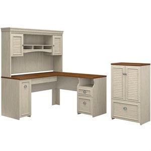 fairview l desk with hutch and storage in antique white - engineered wood