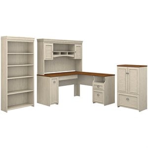 fairview l desk 4 pc set with storage in antique white - engineered wood