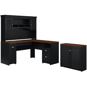 fairview l desk with hutch and low storage in antique black - engineered wood