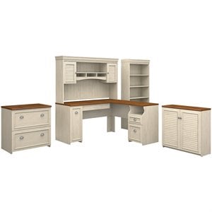 Fairview L Desk 5 Pc Office Set with Storage in Antique White - Engineered Wood
