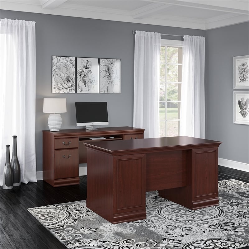 Bush Birmingham 60w Executive Desk With Credenza In Harvest Cherry