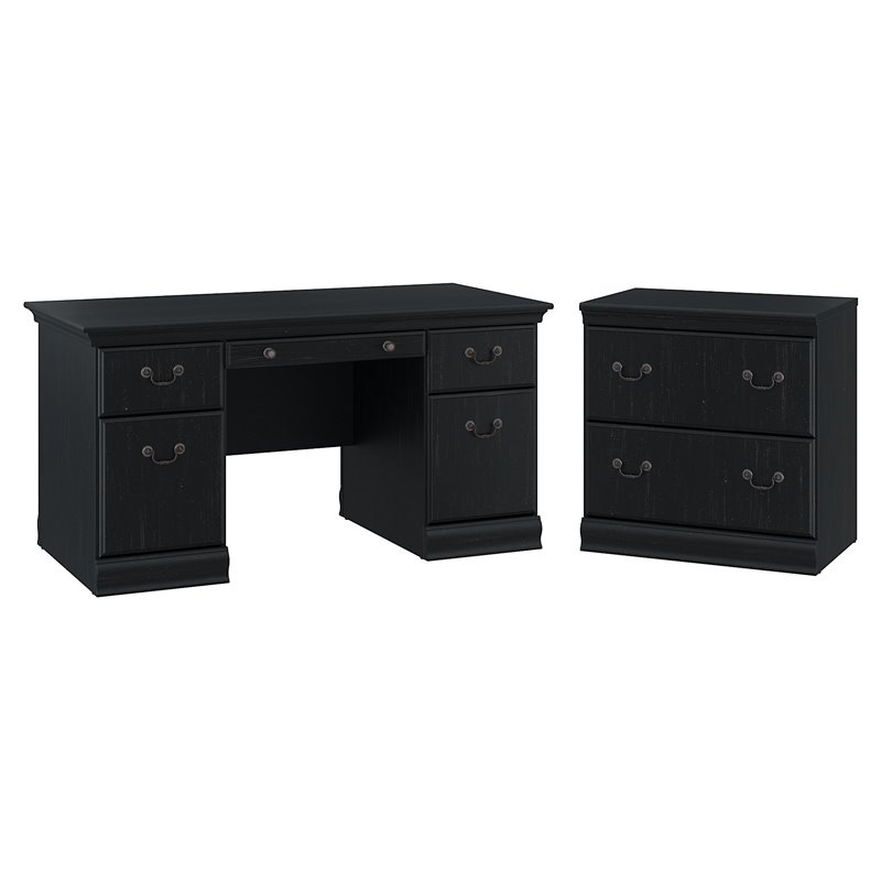 Bush Birmingham 60w Executive Desk With File Cabinet In Antique Black
