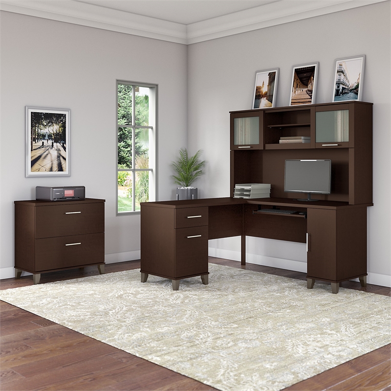 Bush Furniture Somerset 60W L Shaped Desk with Storage, Sand Oak