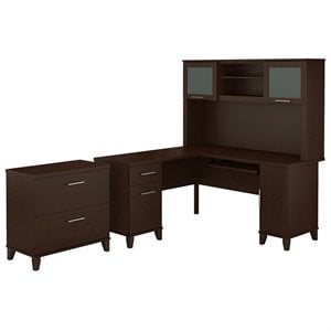 Bush Furniture Somerset 60W L Shaped Desk with Hutch & File Cabinet - Engineered Wood