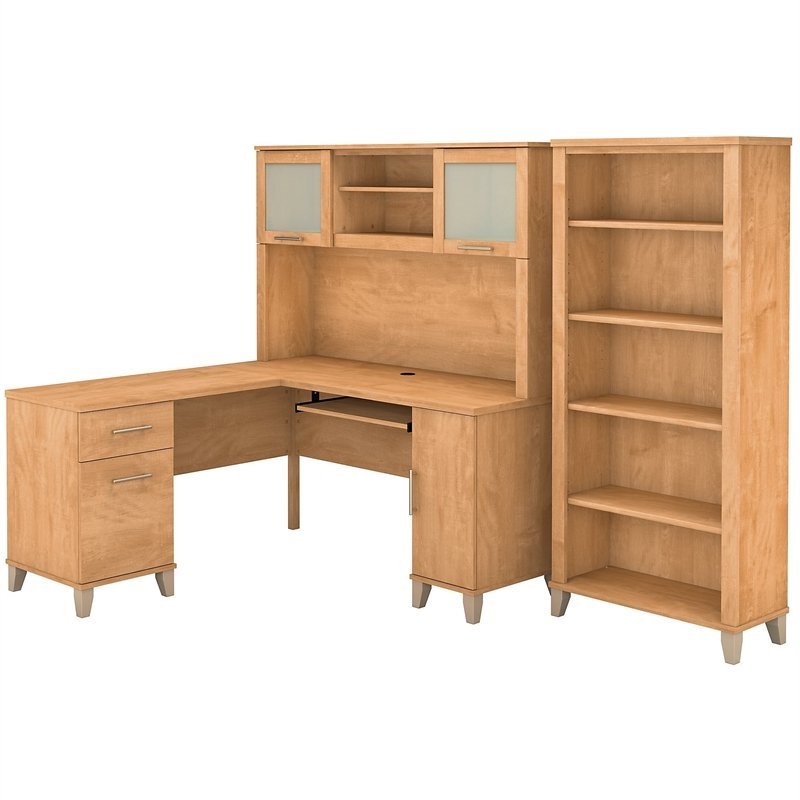 Bush Furniture Somerset 60W L Desk with Hutch and Bookcase in Maple Eng