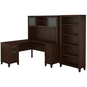bush furniture somerset 60w l shaped desk with hutch and 5 shelf bookcase in cherry