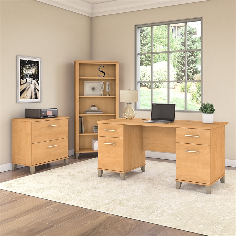 Bush Furniture Somerset 60W Office Desk with Cabinet & Bookcase in Maple Cross
