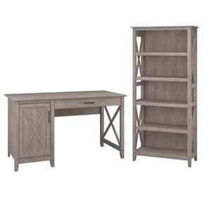 bush furniture key west 2 piece single pedestal desk and 5 shelf bookcase set in washed gray