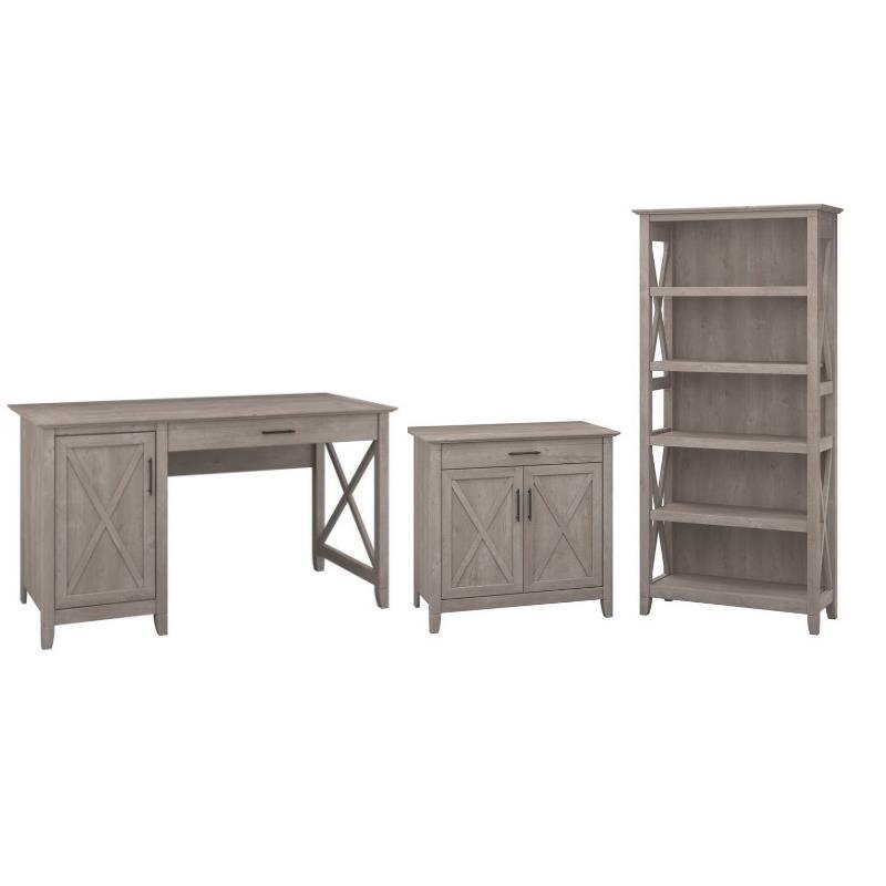 Bush Furniture Key West 3 Piece Storage Cabinet and Bookcase and Desk Set in Washed Gray