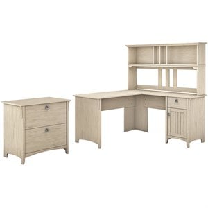 salinas l desk with hutch & file cabinet in antique white - engineered wood